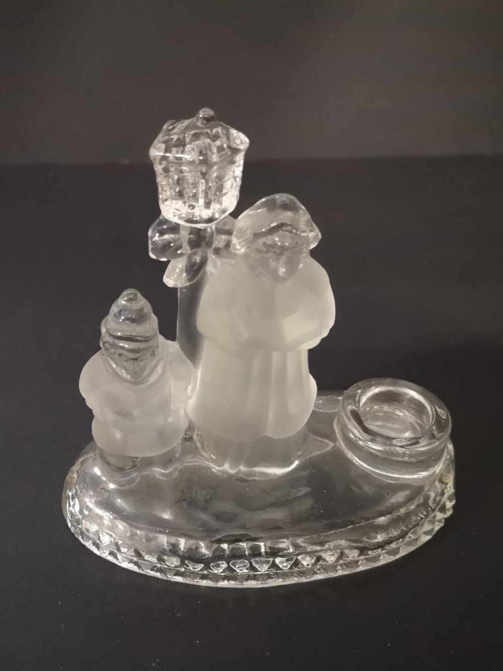 Vintage 1980's Frosted & Clear Glass Christmas Caroler Taper Candle Holder 5.25"